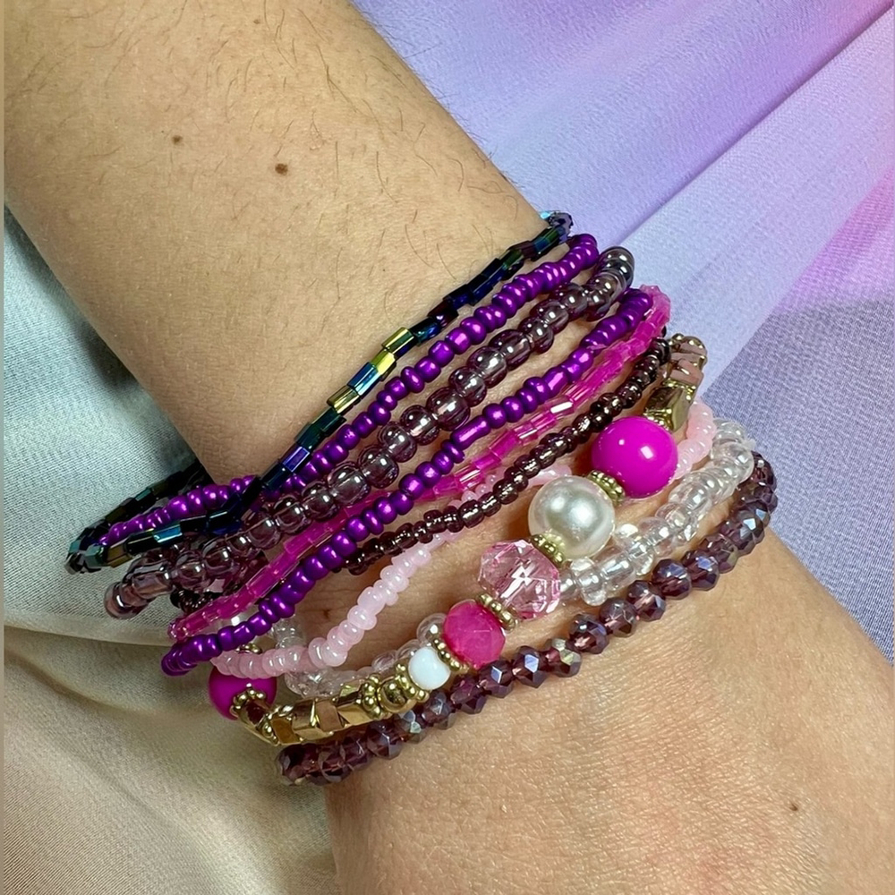 Royal Raspberry Beaded‎ Bracelet Stack with Elastic OS - Picture 10 of 10